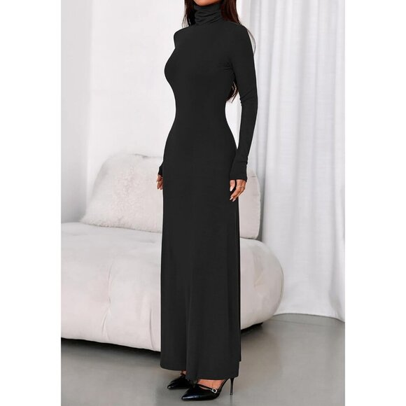 Women's Knit Maxi Dress Long Sleeve Turtleneck Stretchy Fall Wedding Party - Picture 8 of 9